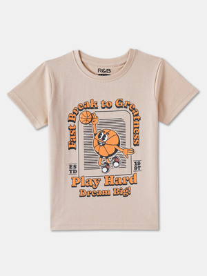 R&B Boys Graphic Print Pure Cotton Regular T Shirt(Beige, Pack of 1)