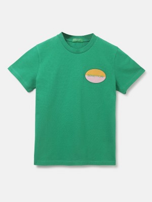 United Colors of Benetton Boys Solid Pure Cotton T Shirt(Green, Pack of 1)