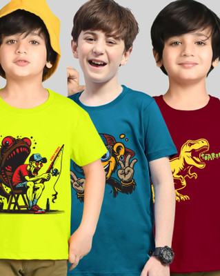 AOOSH Boys Printed Cotton Blend Regular T Shirt(Dark Blue, Light Green, Pack of 3)