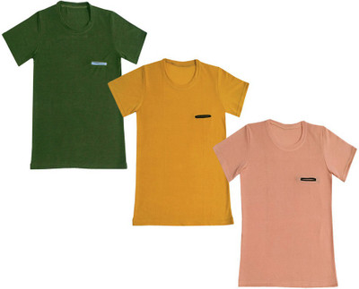 KAVYA Boys Solid Polyester Regular T Shirt(Multicolor, Pack of 3)