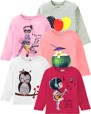 Kuchipoo Girls Printed Cotton Blend Regular T Shirt(Multicolor, Pack of 5)