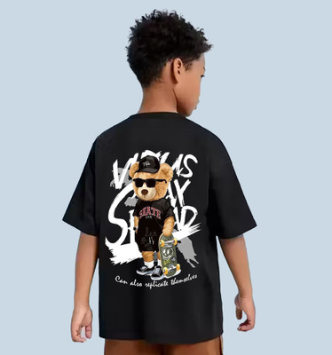 HIPHOPFASHION Boys Printed Cotton Blend Oversized T Shirt(Black, Pack of 1)
