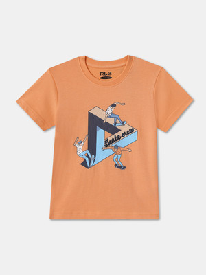 R&B Boys Printed Pure Cotton Regular T Shirt(Orange, Pack of 1)