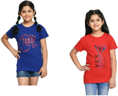 IndiWeaves Girls Printed Pure Cotton Regular T Shirt(Multicolor, Pack of 2)