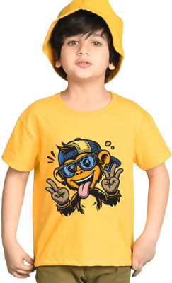 ENITOR Boys Printed Cotton Blend Regular T Shirt(Yellow, Pack of 1)