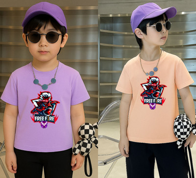 Lecowar Boys Graphic Print Polyester Regular T Shirt(Purple, Pink, Pack of 2)