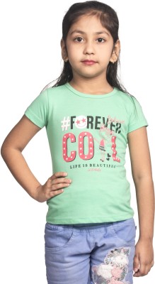 Yellowtoons Girls Printed Cotton Blend Regular T Shirt(Green, Pack of 1)