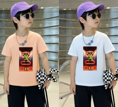 Lecowar Boys Printed Polyester Regular T Shirt(Pink, White, Pack of 2)
