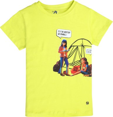 GINI & JONY Girls Graphic Print Cotton Blend T Shirt(Yellow, Pack of 1)