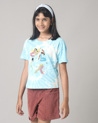 Under Fourteen Only Girls Printed Pure Cotton Regular T Shirt(Blue, Pack of 1)