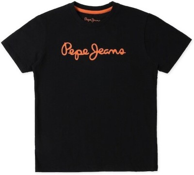 Pepe Jeans Boys Printed Cotton Blend Regular T Shirt(Black, Pack of 1)