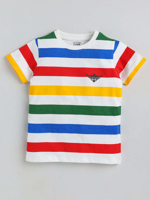 Ginie Boys Striped Pure Cotton Regular T Shirt(White, Pack of 1)