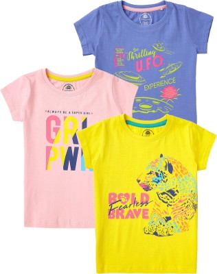 Cub McPaws Girls Printed Pure Cotton T Shirt(Multicolor, Pack of 3)