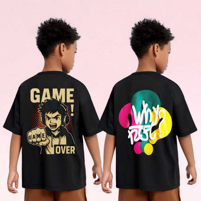 FASTCRY Boys Printed Pure Cotton Oversized T Shirt(Black, Pack of 2)
