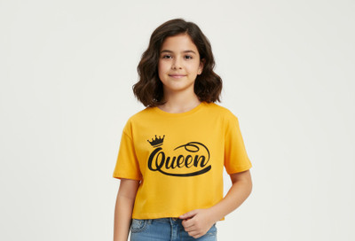 Wearaxe Girls Printed Cotton Blend Regular T Shirt(Yellow, Pack of 1)