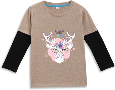 JONIMONI Boys & Girls Printed Pure Cotton Regular T Shirt(Brown, Pack of 1)