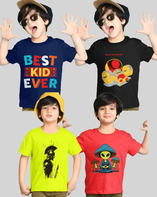 AUSK Boys Printed Cotton Blend Regular T Shirt(Black, Red, Pack of 4)