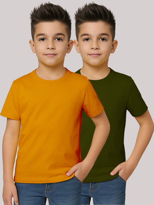 FBAR Boys Solid Pure Cotton Regular T Shirt(Gold, Green, Pack of 2)