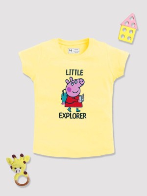 YK X Minute Mirth Girls Printed Pure Cotton Regular T Shirt(Yellow, Pack of 1)