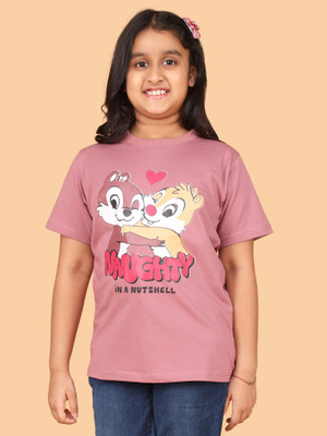 BUTRU Girls Printed Cotton Blend Regular T Shirt(Multicolor, Pack of 1)