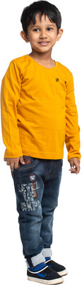 FRISKERS Boys Solid Cotton Blend Regular T Shirt(Yellow, Pack of 1)
