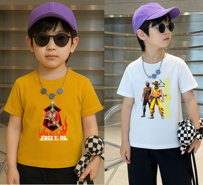 Lecowar Boys Graphic Print Polyester Regular T Shirt(Yellow, White, Pack of 2)