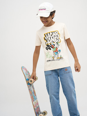 Jack & Jones Junior Boys Printed Cotton Blend Regular T Shirt(Beige, Pack of 1)