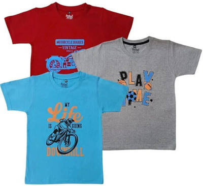 Fabc Boys Printed Pure Cotton Regular T Shirt(Light Blue, Maroon, Pack of 3)