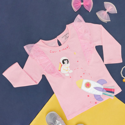 Pantaloons Baby Baby Girls Solid Pure Cotton Regular T Shirt(Pink, Pack of 1)