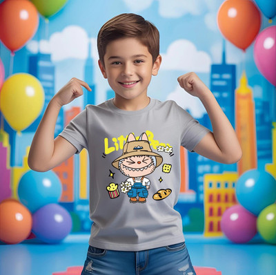 Kidloo Boys Labubu, Graphic Print Cotton Blend Regular T Shirt(Grey, Pack of 1)