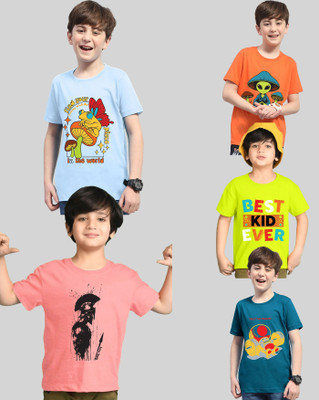 AUSK Boys Printed Cotton Blend Regular T Shirt(Light Green, Dark Blue, Pack of 5)