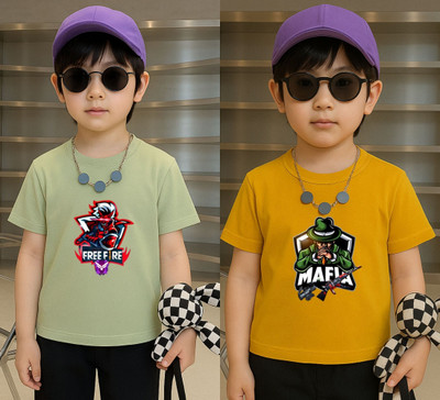 Lecowar Boys Graphic Print Polyester Regular T Shirt(Yellow, Light Green, Pack of 2)