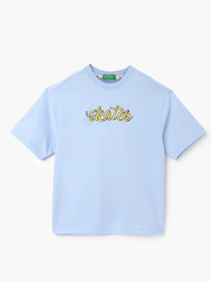 United Colors of Benetton Boys Printed Pure Cotton Regular T Shirt(Blue, Pack of 1)