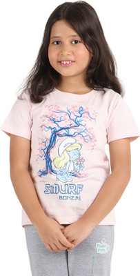 Reborn Girls Printed Cotton Blend Regular T Shirt(Pink, Pack of 1)