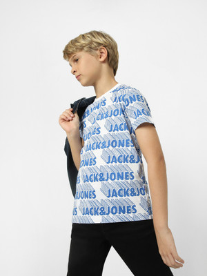 Jack & Jones Junior Boys Printed Cotton Blend Regular T Shirt(Blue, Pack of 1)