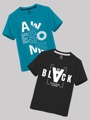 Raax Boys Typography Pure Cotton Regular T Shirt(Black, Light Blue, Pack of 2)