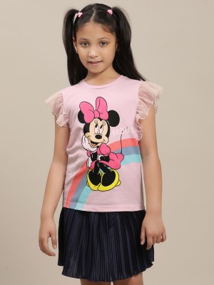 kidsville Girls Graphic Print Cotton Blend T Shirt(Pink, Pack of 1)