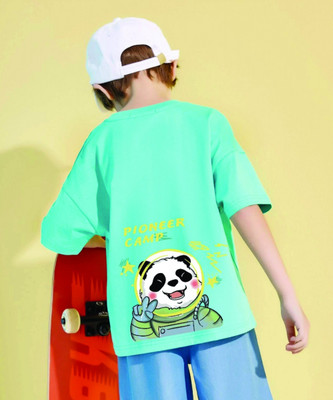 QUIN FLETCHER Boys Printed Pure Cotton Oversized T Shirt(Light Green, Pack of 1)