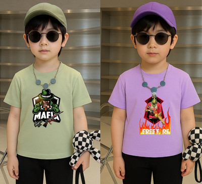 Lecowar Boys Graphic Print Polyester Regular T Shirt(Green, Purple, Pack of 2)