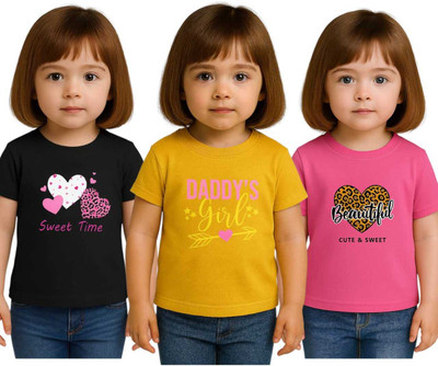 jpf Girls Graphic Print Cotton Blend Regular T Shirt(Black, Pink, Pack of 3)