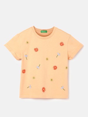 United Colors of Benetton Girls Embroidered Pure Cotton T Shirt(Orange, Pack of 1)