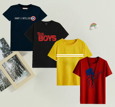 HouseOfCommon Boys & Girls Printed Cotton Blend Regular T Shirt(Multicolor, Pack of 4)