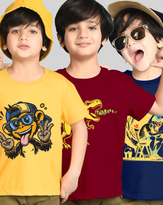AOOSH Boys Printed Cotton Blend Regular T Shirt(Yellow, Blue, Pack of 3)