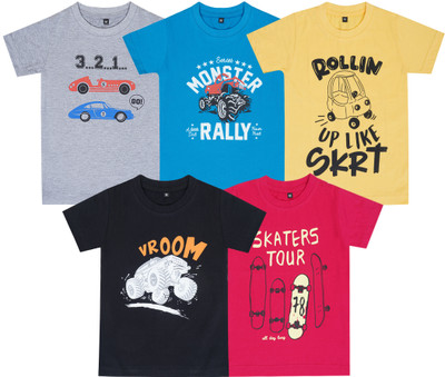 FAZZA Boys Printed Pure Cotton Regular T Shirt(Multicolor, Pack of 5)