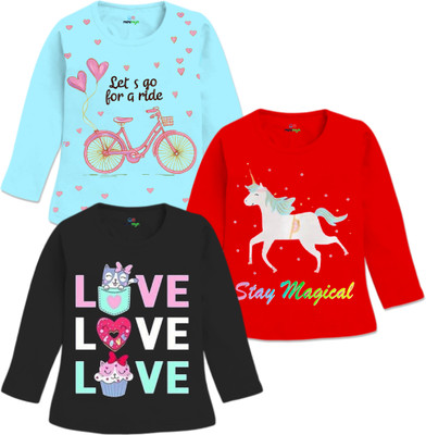 MINI MYN Baby Girls Graphic Print Cotton Blend Regular T Shirt(Red, Pack of 3)