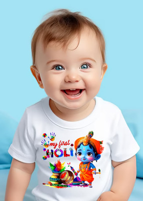 RIvoPrints Baby Boys & Baby Girls Printed Polycotton Regular T Shirt(White, Pack of 1)