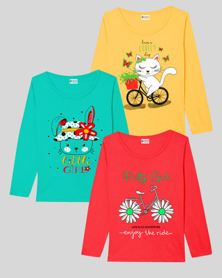 BMG TRENDZZ Baby Girls Printed Cotton Blend Regular T Shirt(Yellow, Pack of 3)