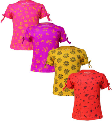 Eazy Trends Girls Printed Pure Cotton Regular T Shirt(Red, Pack of 4)