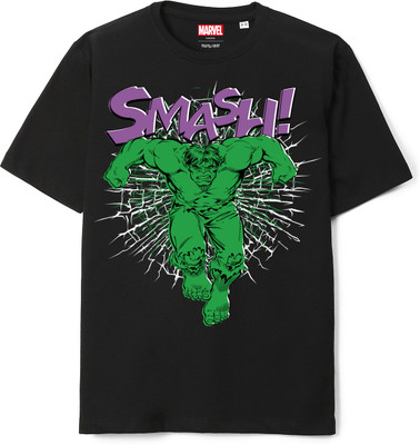 MARVEL BY MISS & CHIEF Boys Graphic Print Pure Cotton Oversized T Shirt(Black, Pack of 1)