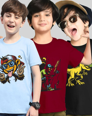 ENITOR Boys Printed Cotton Blend Regular T Shirt(Light Blue, Maroon, Pack of 3)